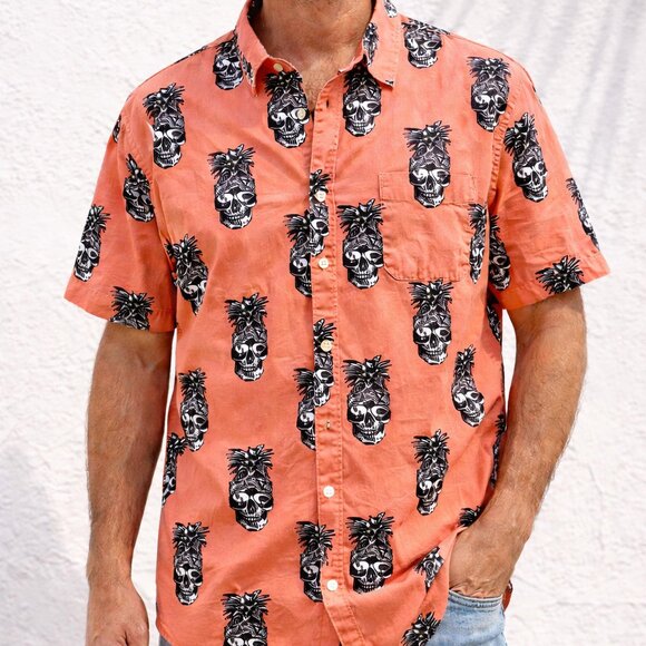 Super Massive Other - Pineapple Skull Button Down Shirt XL Coral Tropical Novelty Vacation Party